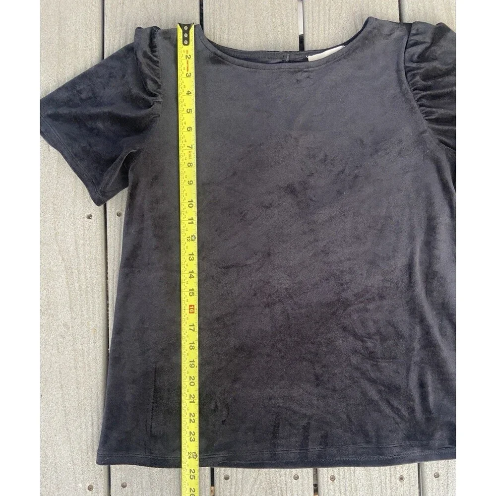 LOFT Petites Black Velvet Puff Sleeve Top L Soft Stretch Short Sleeve Romantic